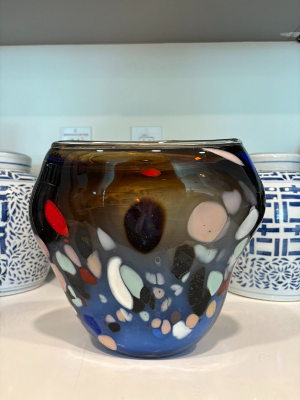 Murano Style Handblown Murrine Art Glass Vase Amber Blue 12” - Picture 3 of 10